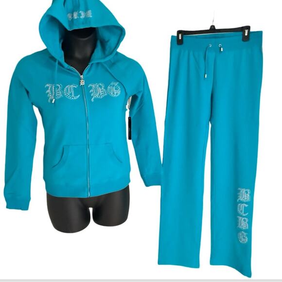 BCBG AQUAMARINE BLING TRACKSUIT SWEATSUIT W/ SILVER STUDS LOGO & TIGER FACE NWT - Picture 3 of 16